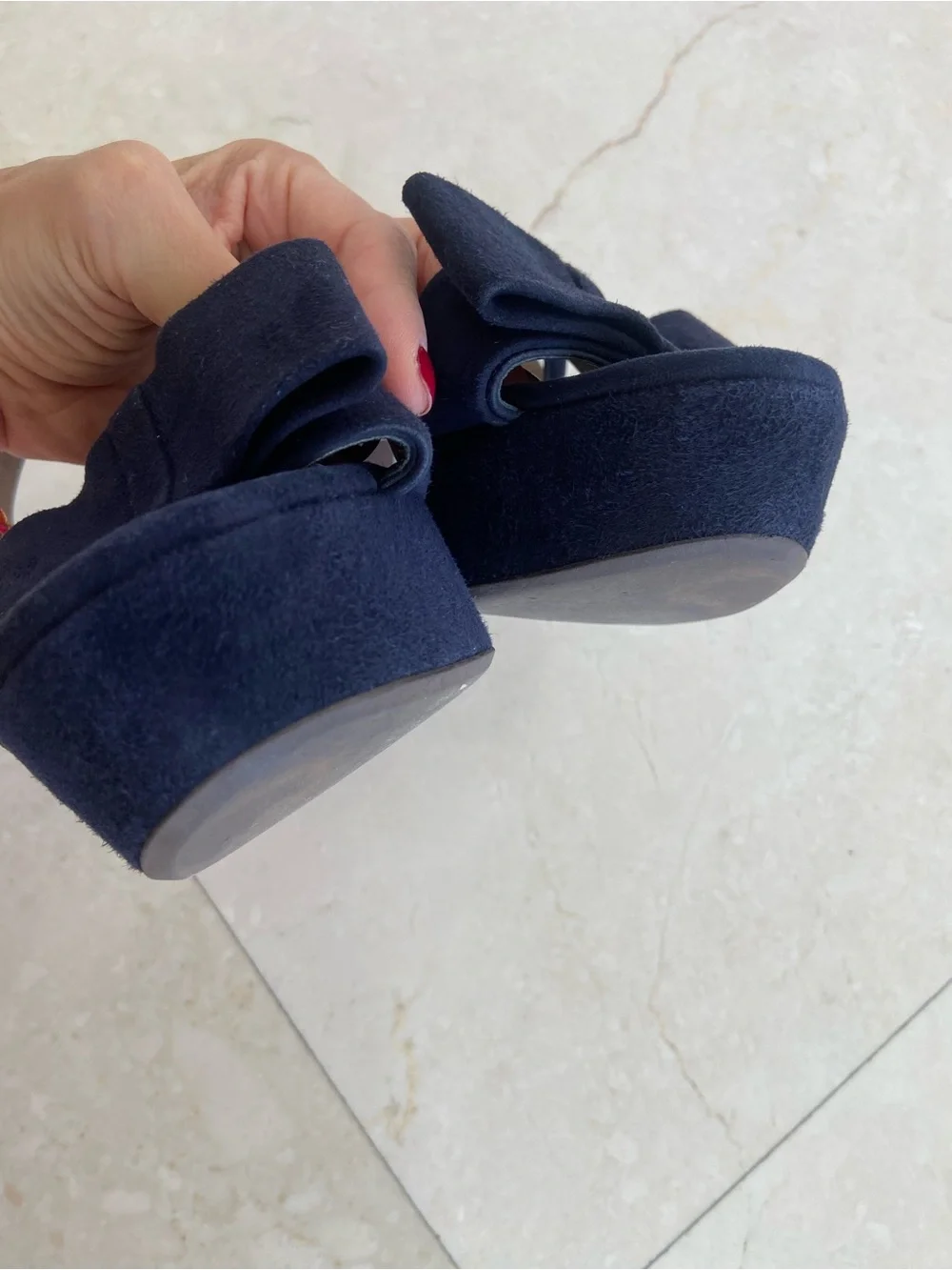 Marni Dark Navy Blue Suede T-Strap Bow Platform Sandals with Dust Bags